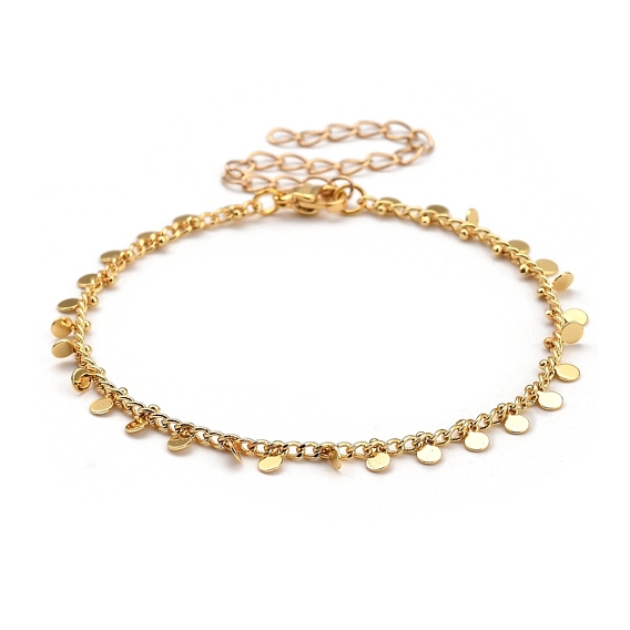Brass Flat Round Charm Bracelets, with Curb Chains and 304 Stainless Steel Lobster Claw Clasps