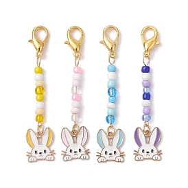 4Pcs 4 Colors Rabbit Head Alloy Enamel Pendant Decorations, with Glass Seed Beads