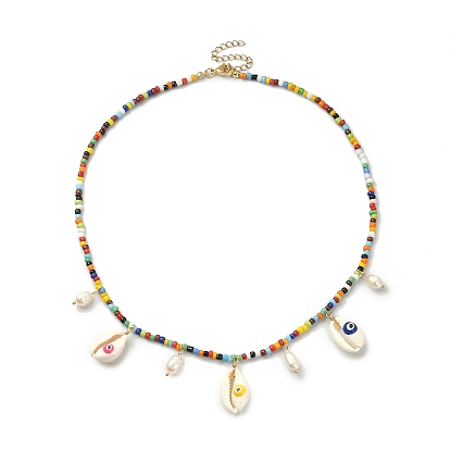 Natural Shell Evil Eye & Pearl Bib Necklace with Glass Seed Beaded Chains