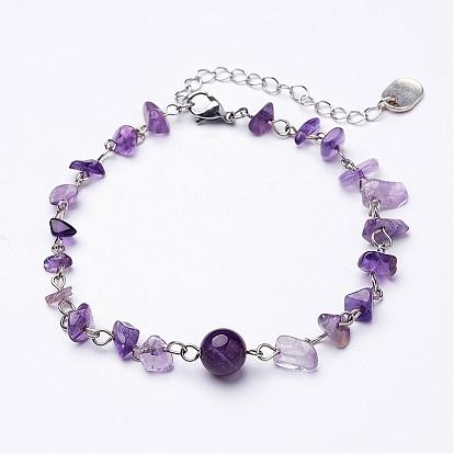 Natural Gemstone Chip Anklets, with Iron Eye Pin, Tibetan Style Pendants and Lobster Clasp