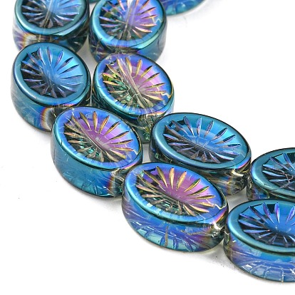 Perles en verre electroplate, demi arc-en-ciel plaqué, ovale avec des fleurs