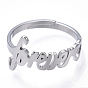 304 anillo ajustable corazón de acero inoxidable con palabra forever, anillo de banda ancha para el día de san valentín