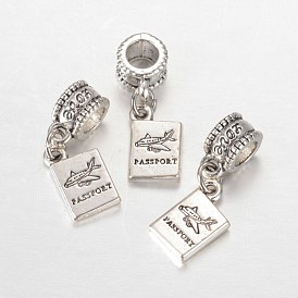 Rectangle with Word Passport Alloy European Dangle Large Hole Pendants, 26mm, Hole: 4.5mm
