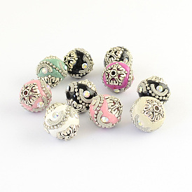 Round Handmade Indonesia Beads, with Rhinestones and Alloy Cores, Antique Silver, 16~17x16~17mm, Hole: 1.5mm