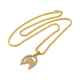 Horseshoe with Horse Head 201 Stainless Steel Pendant Necklace with Iron Box Chains