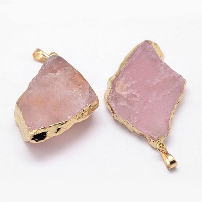 Natural Madagascar Rose Quartz Crystal Pendants, Nuggets, with Brass Finding