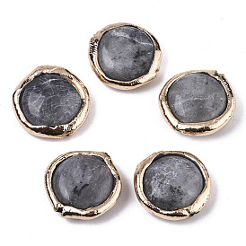 Natural Labradorite Beads, with Light Gold Plated Polymer Clay Edge, Flat Round
