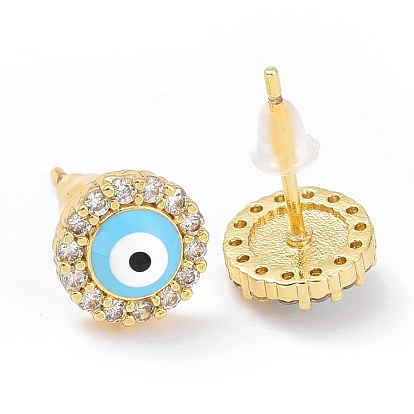 Enamel Evil Eye Stud Earrings with Clear Cubic Zirconia, Gold Plated Brass Jewelry for Women, Cadmium Free & Lead Free