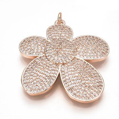 Brass Micro Pave Cubic Zirconia Pendants, with Jump Rings, Flower