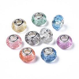 Transparent Resin European Beads, Large Hole Beads, with Platinum Tone Brass Double Cores and Glitter Powder, Rondelle