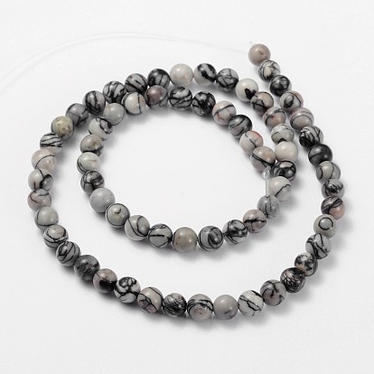 Gemstone Beads Strands, Black Silk Stone/Netstone, Round, 6mm, Hole: 0.8mm10mm, Hole: 1mm, 14 inch, 37pcs/strand