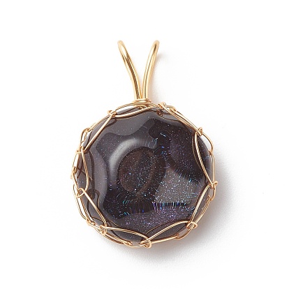 Transparent Resin Pendants, with Glitter Powder and Copper Wire Wrapped, Half Round Charm with Water Ripple