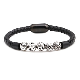 Silver-plated Lava Stone Aromatherapy Bracelet with Stainless Steel Clasp and Snake Weave Leather Band