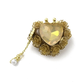 Perles de strass d'argile polymère , avec cabochon en acrylique et en verre et chaîne en alliage, coeur avec couronne et rose pailletée