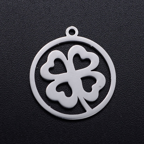 201 Stainless Steel Pendants, Flat Round with Four Leaf Clover