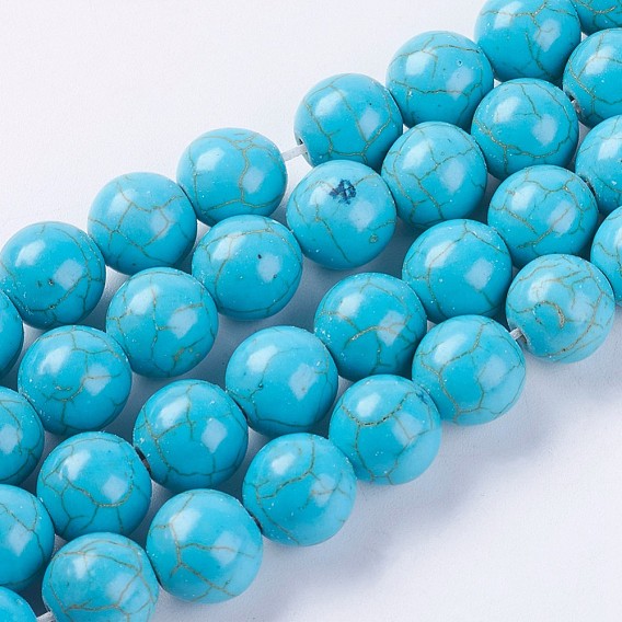 Perles synthétiques turquoise brins, ronde, teint