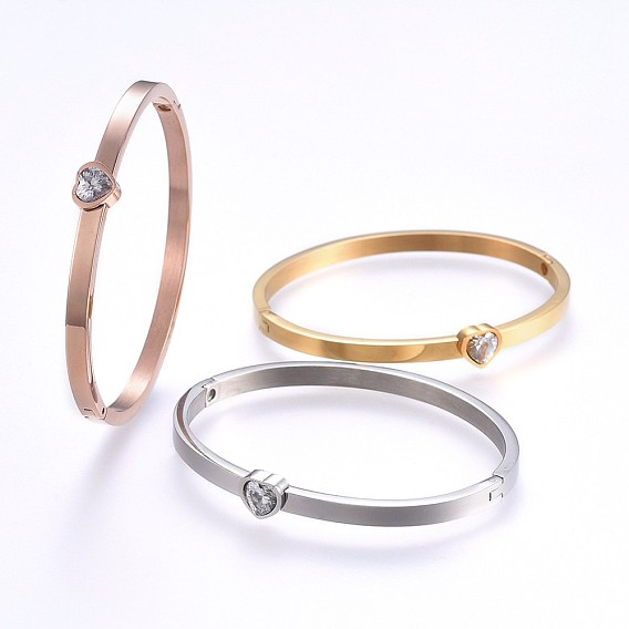 304 Stainless Steel Bangles, with Rhinestone, Heart