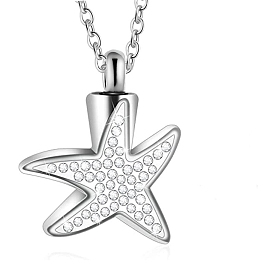Crystal Rhinestone Starfish Urn Ashes Pendant Necklace, Stainless Steel Memorial Jewelry for Men Women