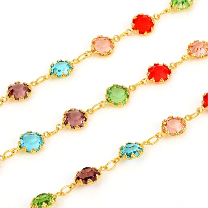 Handmade Brass Link Chains, with Glass Faceted Rhinestone & Spool, Soldered, Long-Lasting Plated,Real 18K Gold Plated, Flower
