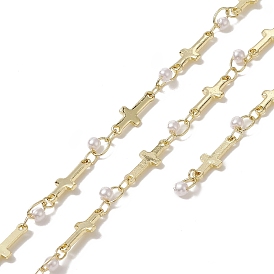 Rack Plating Golden Brass Cross Link Chains, with Plastic Pearl Beaded, Unwelded, with Card Paper