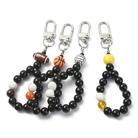 Décorations de pendentif de poignet en perles de pierres précieuses naturelles, avec bille de sport en acrylique et fermoirs pivotants en alliage