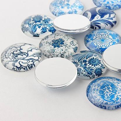 Blue and White Printed Glass Cabochons, Half Round/Dome