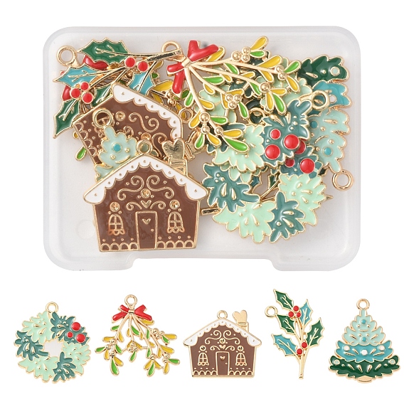 10Pcs 5 Style Alloy Enamel Pendants, Light Gold, Christmas Theme, Christmas Tree/House/Leaf/Garland