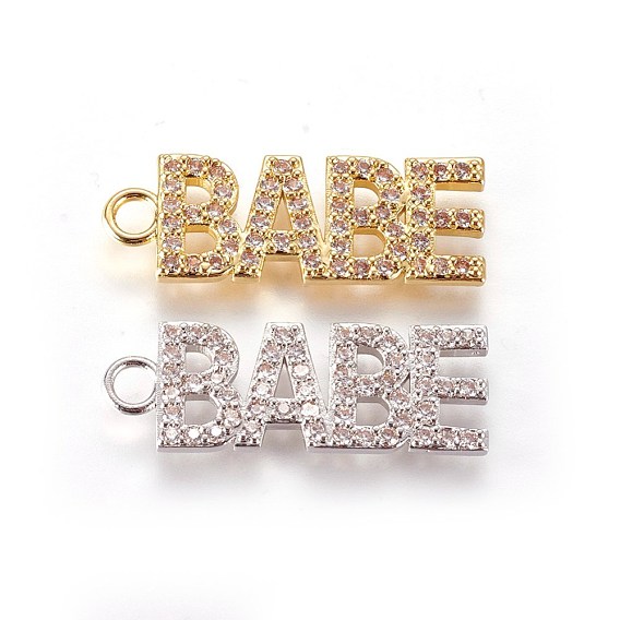 Brass Micro Pave Cubic Zirconia Pendants, Word Babe, Clear