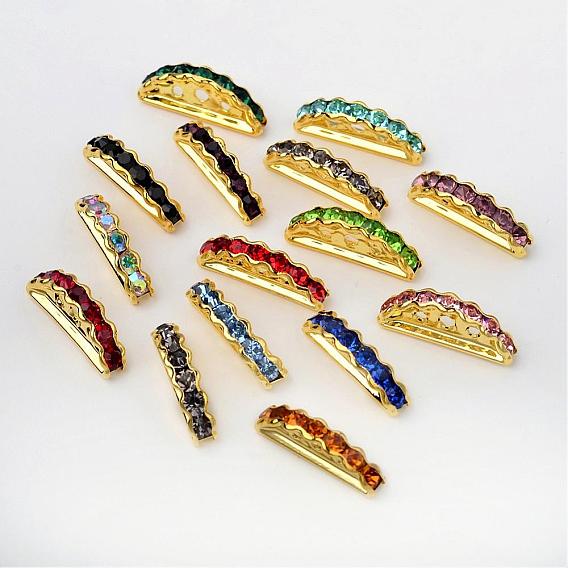 Half Moon Brass Rhinestone Bridge Spacers, 3-Hole, 8x19x4mm, Hole: 1mm