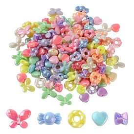 5 perles acryliques opaques de style, de couleur plaquée ab , coeur & bonbons & vague plat rond & papillon