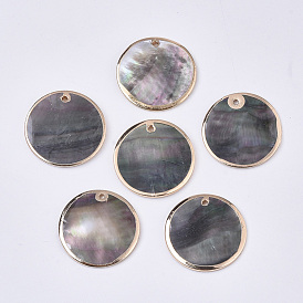 Natural Black Lip Shell Pendants, with Brass Findings, Edge Golden Plated, Flat Round