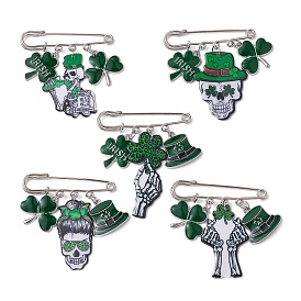 Shamrock Skull Printed Acrylic & Alloy Enamel Pendants Brooch Pin, Iron Safety Kilt Pin for Saint Patrick's Day