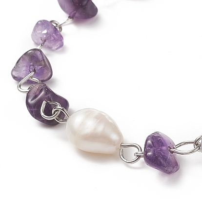 Natural Gemstone Beaded Anklets, with 304 Stainless Steel Findings and Natural Cultured Freshwater Pearl