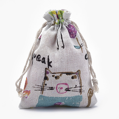Chaton polycoton (coton polyester) pochettes d'emballage sacs à cordon, avec chat et souris de dessin animé imprimés