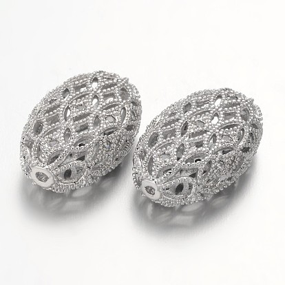 Micro en laiton creux ouvrent perles cubes de zircone, ovale, sans plomb et sans nickel, clair, 19x12x7mm, Trou: 1mm