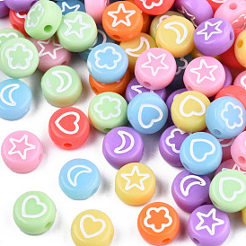 Opaque Mixed Color Acrylic Beads, Flat Round with White Heart & Flower & Moon & Star