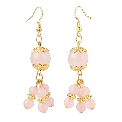 Longues boucles d'oreilles pendantes en grappe de perles rondes en quartz rose naturel, bijoux en laiton plaqué or pour femme
