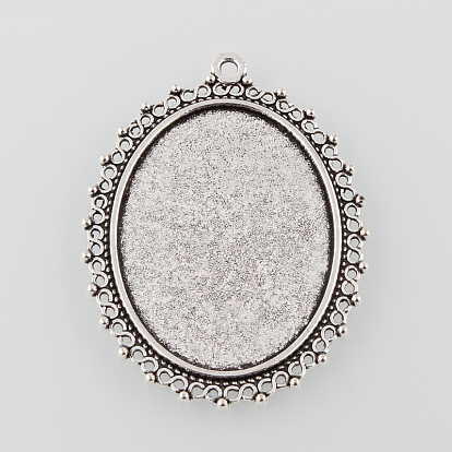 Tibetan Style Antique Silver Alloy Flat Oval Pendant Cabochon Settings, Cadmium Free & Lead Free, Tray: 40x30mm, 55x40x2mm, Hole: 2mm, about 116pcs/1000g