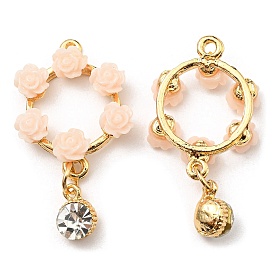 Resin Flower Garland Pendants, Wreath Golden Plated Alloy Charms with Crystal Rhinestone, Cadmium Free & Nickel Free & Lead Free