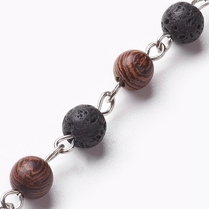 Handmade Natural Mixed Gemstone Beaded Chains, Unwelded, with Wood Beads and Iron Eye Pin