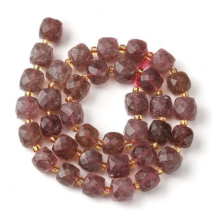 Natural Strawberry/Green Strawberry Quartz Beads Strands, with Seed Beads, Faceted Cube