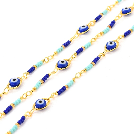 Handmade Brass Link Chains, with Glass Evil Eye & Seed Beads, Long-Lasting Plated, Soldered, with Spool, Rhombus, Golden