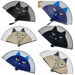 Cat Pattern Bamboo with Satin Folding Fan, for Party Wedding Dancing Decoration