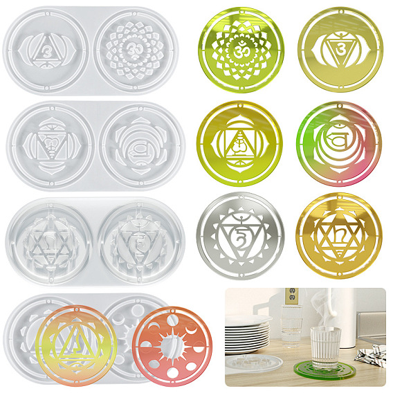 Meditation Yoga Pendants Cup Mat Silicone Molds, Resin Casting Molds, for UV Resin & Epoxy Resin Craft Making, Flat Round, Chakra Theme