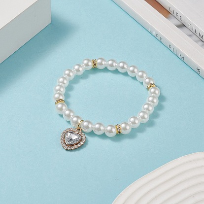 Pulsera elástica con cuentas redondas de perlas acrílicas con dijes de corazón de diamantes de imitación de aleación para mujer