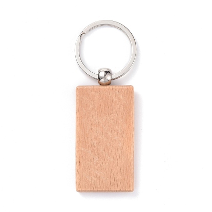 Porte-clés en bois naturel, avec porte-clés fendus en fer plaqué platine, rectangle