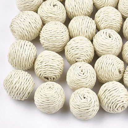 Handmade Woven Beads, Paper Imitation Raffia Covered with Wood, Round