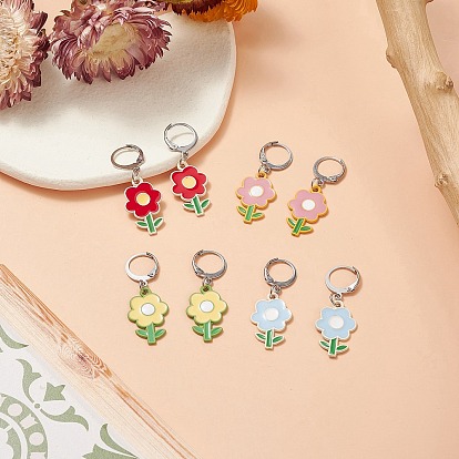 4 paire 4 boucles d'oreilles pendantes en alliage de couleur avec fleur en émail, 304 bijoux en acier inoxydable pour femmes