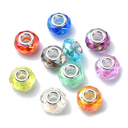 Transparent Acrylic European Beads, Large Hole Beads, with Stainless Steel Core, Faceted, Flat Round