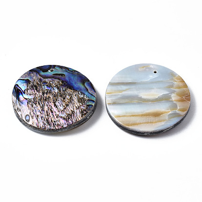 Natural Abalone Shell/Paua Shell Pendants, with Freshwater Shell, Flat Round